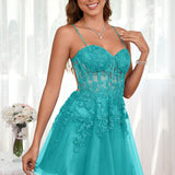 Marlene | Vestido com top estilo corset transparente decote coração e aplicações