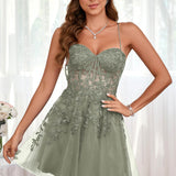 Marlene | Vestido com top estilo corset transparente decote coração e aplicações