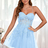 Marlene | Vestido com top estilo corset transparente decote coração e aplicações