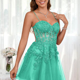 Marlene | Vestido com top estilo corset transparente decote coração e aplicações