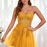 Marlene | Vestido com top estilo corset transparente decote coração e aplicações