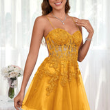 Marlene | Vestido com top estilo corset transparente decote coração e aplicações