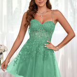 Marlene | Vestido com top estilo corset transparente decote coração e aplicações
