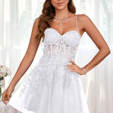 Marlene | Vestido com top estilo corset transparente decote coração e aplicações