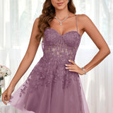 Marlene | Vestido com top estilo corset transparente decote coração e aplicações