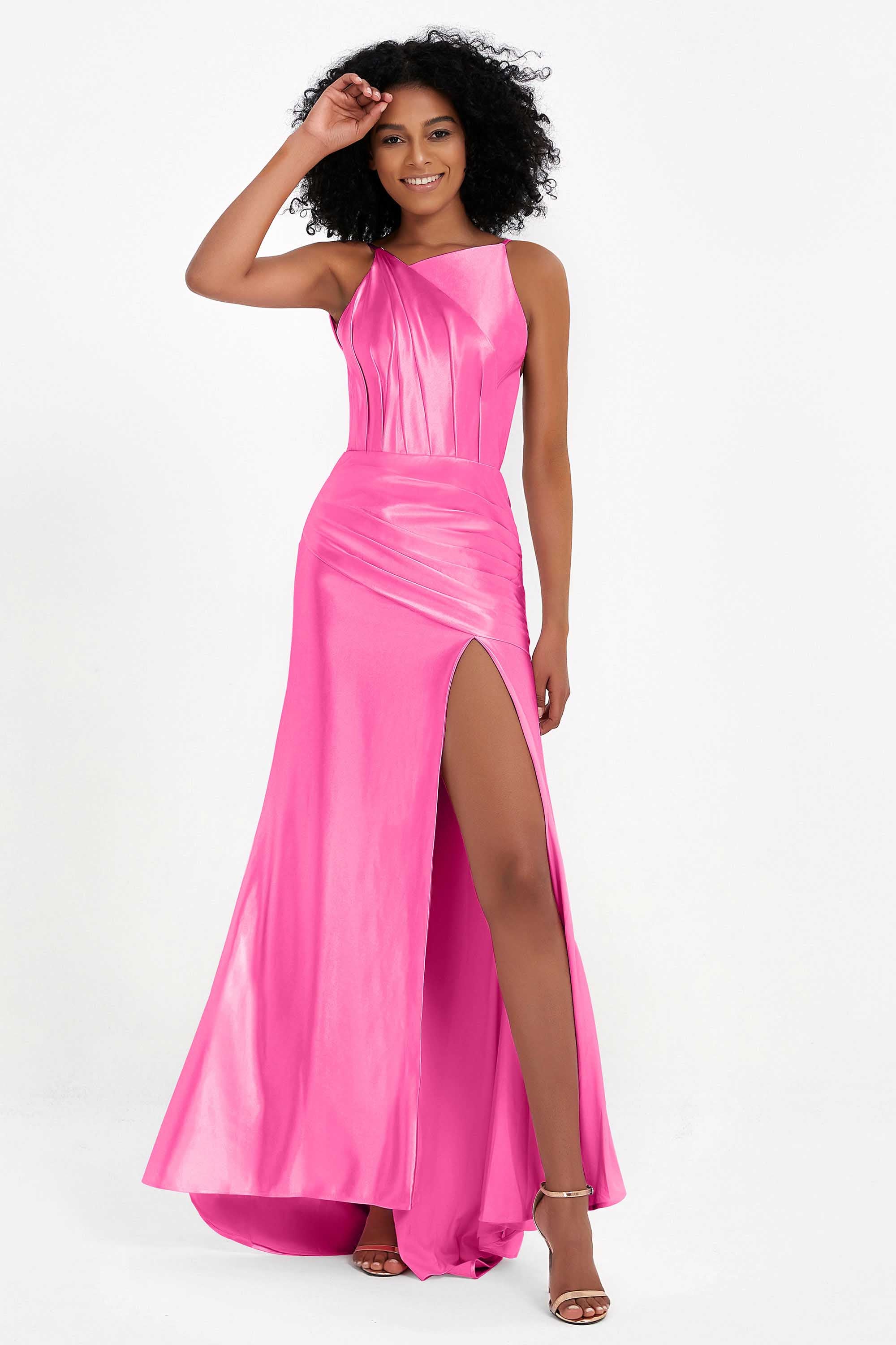 Elisabete | Vestido Maxi em Cetim Plissado com Abertura — Azálea