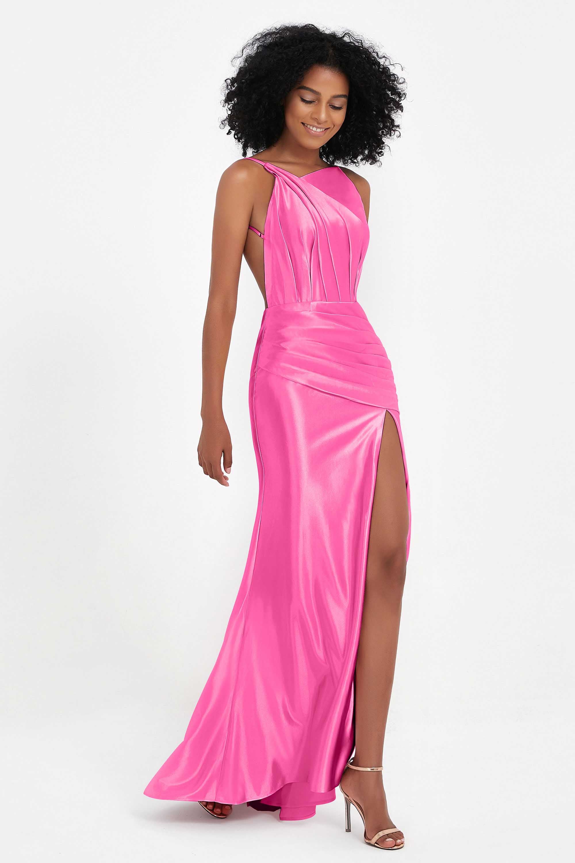 Elisabete | Vestido Maxi em Cetim Plissado com Abertura — Azálea