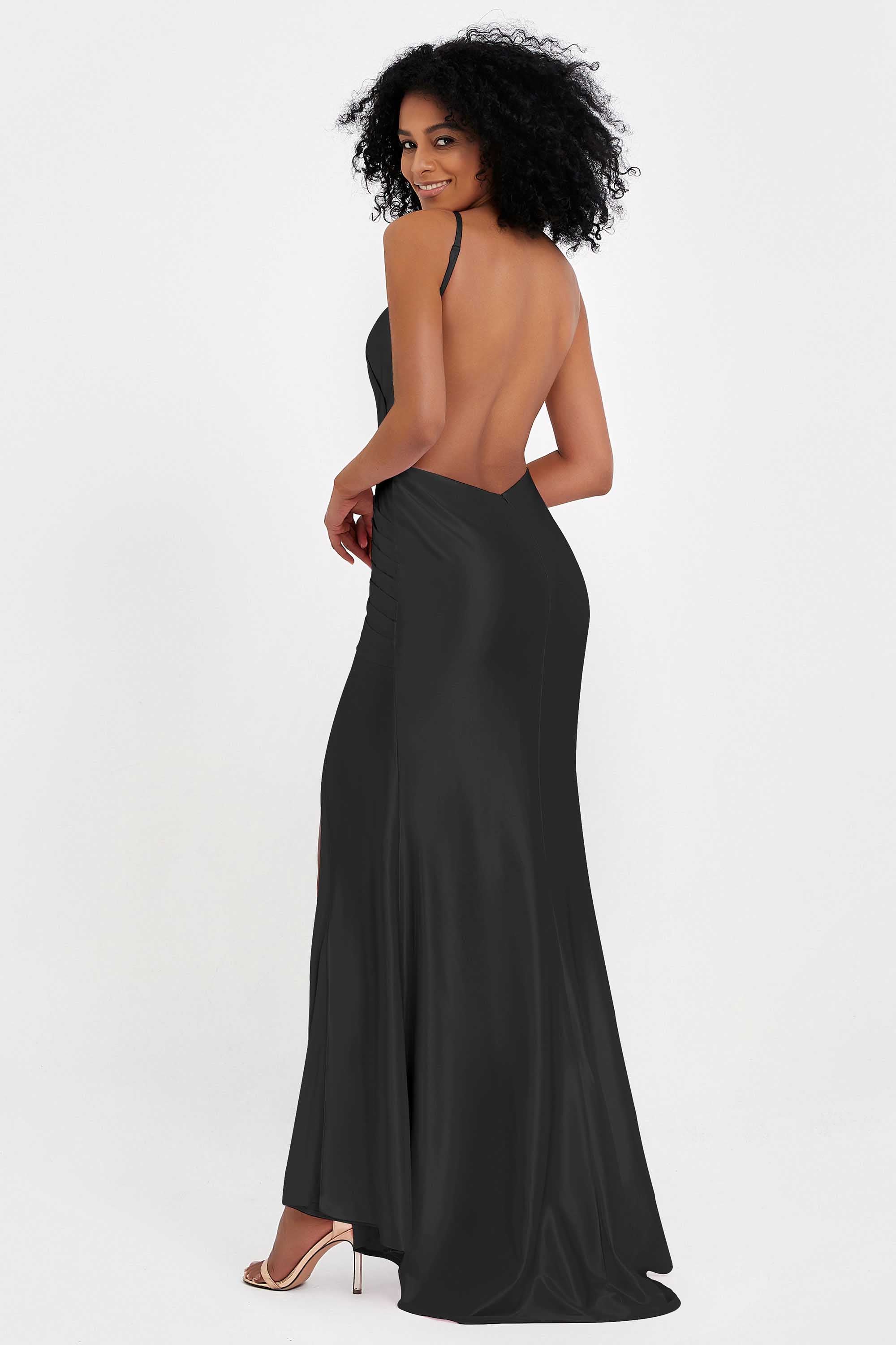 Elisabete | Vestido Maxi em Cetim Plissado com Abertura — Preto