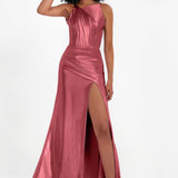 Elisabete | Vestido Maxi em Cetim Plissado com Abertura — Rosa Canela