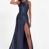 Elisabete | Vestido Maxi em Cetim Plissado com Abertura — Azul-Marinho