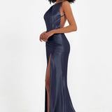 Elisabete | Vestido Maxi em Cetim Plissado com Abertura — Azul-Marinho