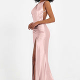 Elisabete | Vestido Maxi em Cetim Plissado com Abertura — Rosa Velho