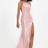 Elisabete | Vestido Maxi em Cetim Plissado com Abertura — Rosa Velho