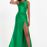 Elisabete | Vestido Maxi em Cetim Plissado com Abertura — Esmeralda