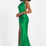 Elisabete | Vestido Maxi em Cetim Plissado com Abertura — Esmeralda