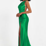 Elisabete | Vestido Maxi em Cetim Plissado com Abertura — Esmeralda