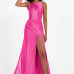 Elisabete | Vestido Maxi em Cetim Plissado com Abertura — Fúcsia