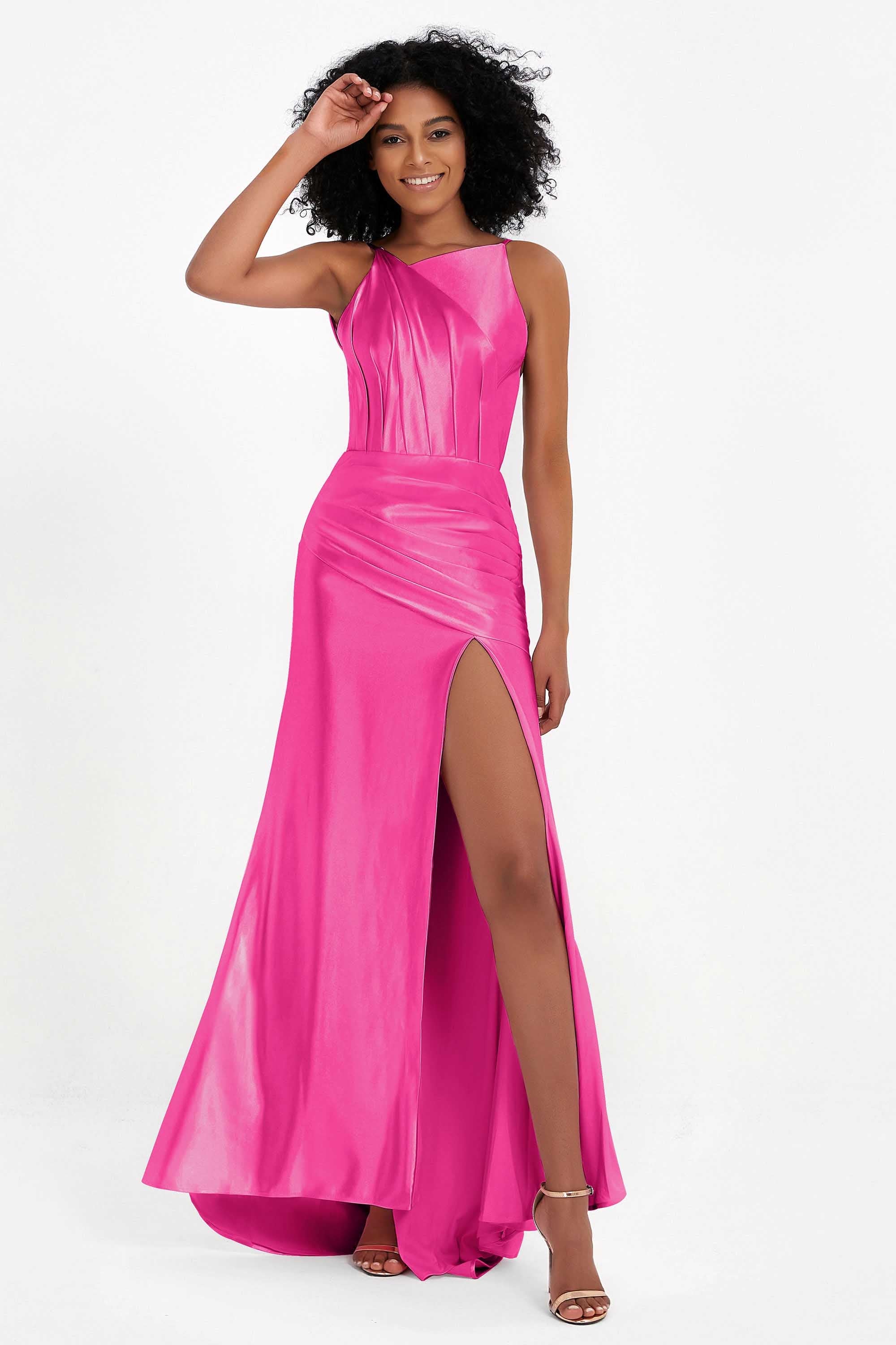 Elisabete | Vestido Maxi em Cetim Plissado com Abertura — Fúcsia