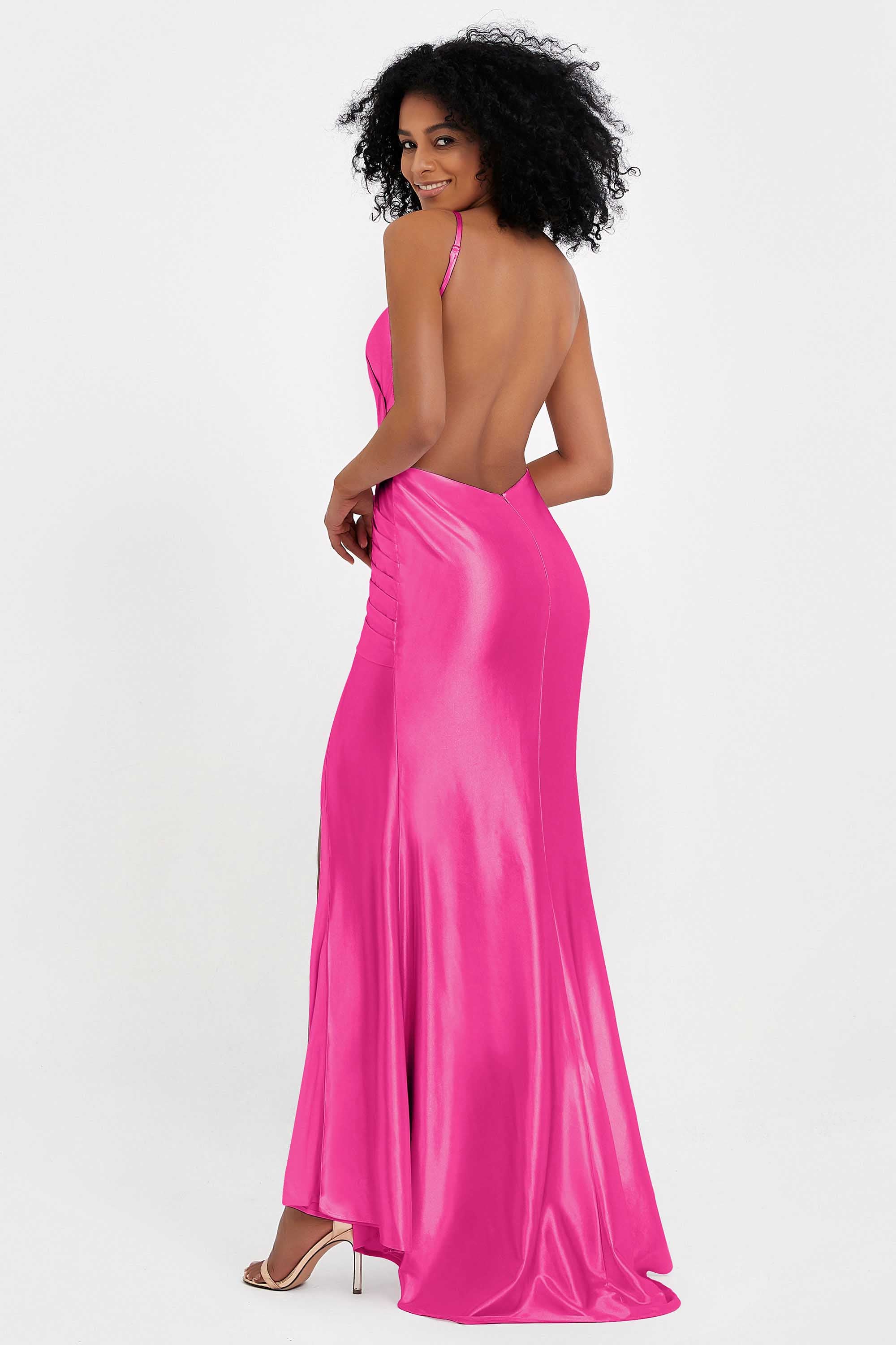 Elisabete | Vestido Maxi em Cetim Plissado com Abertura — Fúcsia