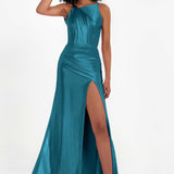 Elisabete | Vestido Maxi em Cetim Plissado com Abertura — Azul Tinta