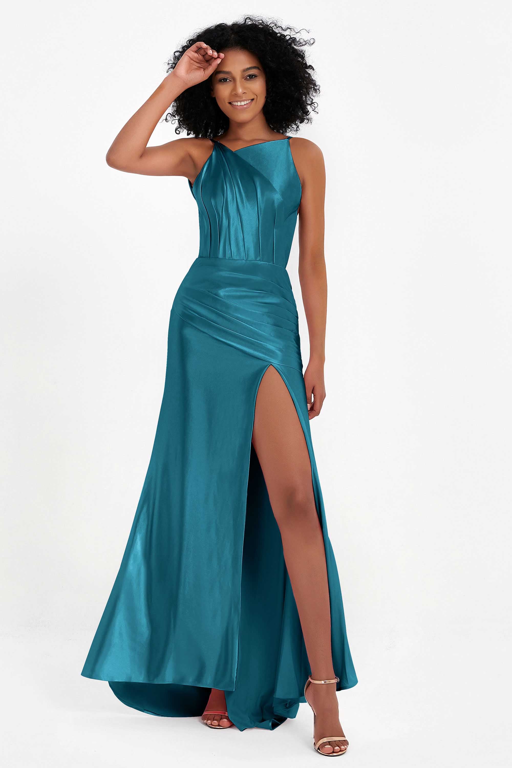 Elisabete | Vestido Maxi em Cetim Plissado com Abertura — Azul Tinta