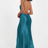 Elisabete | Vestido Maxi em Cetim Plissado com Abertura — Azul Tinta