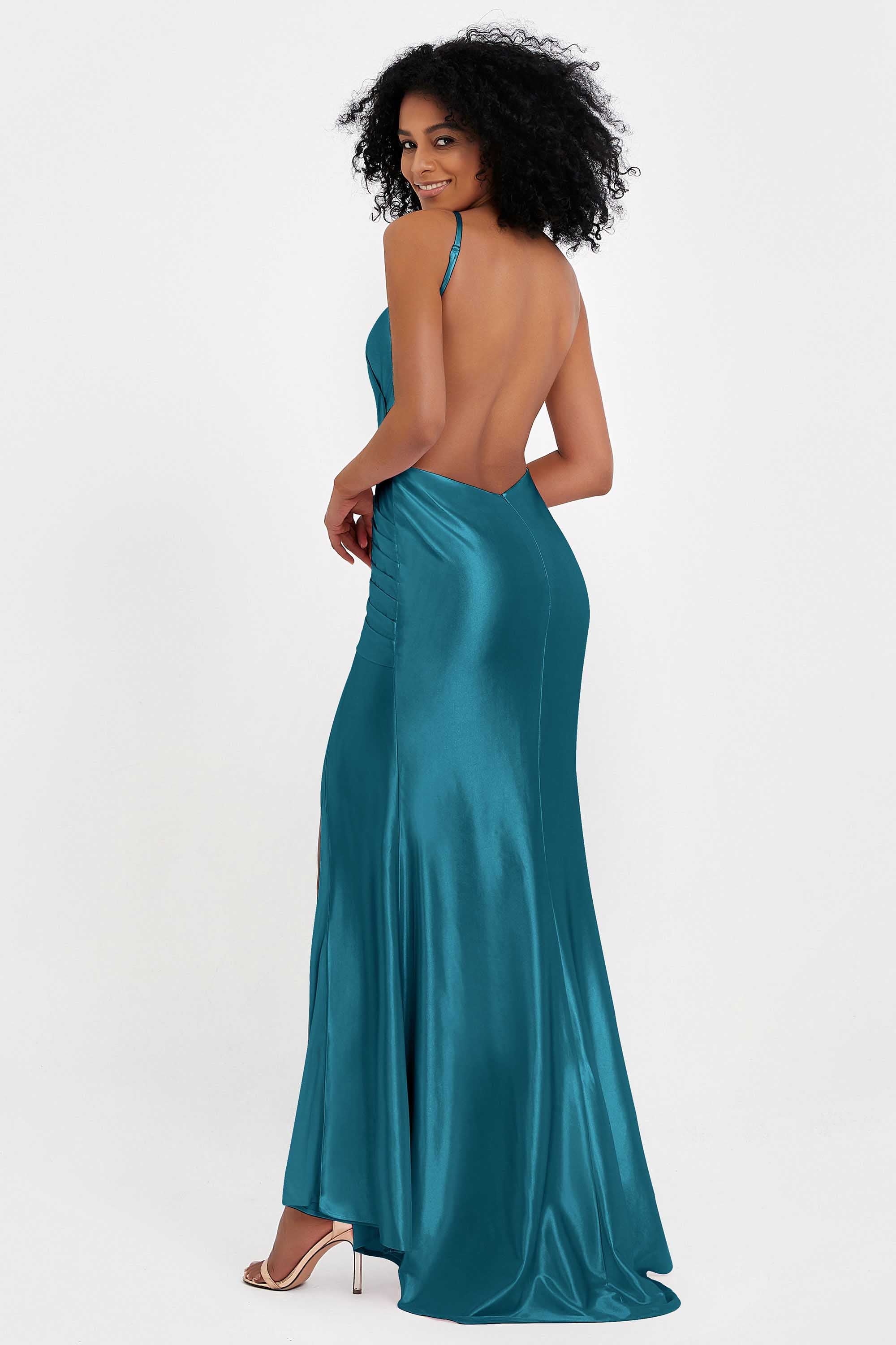 Elisabete | Vestido Maxi em Cetim Plissado com Abertura — Azul Tinta