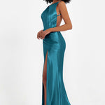 Elisabete | Vestido Maxi em Cetim Plissado com Abertura — Azul Tinta