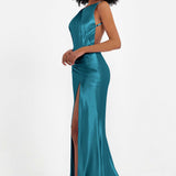 Elisabete | Vestido Maxi em Cetim Plissado com Abertura — Azul Tinta