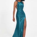 Elisabete | Vestido Maxi em Cetim Plissado com Abertura — Azul Tinta