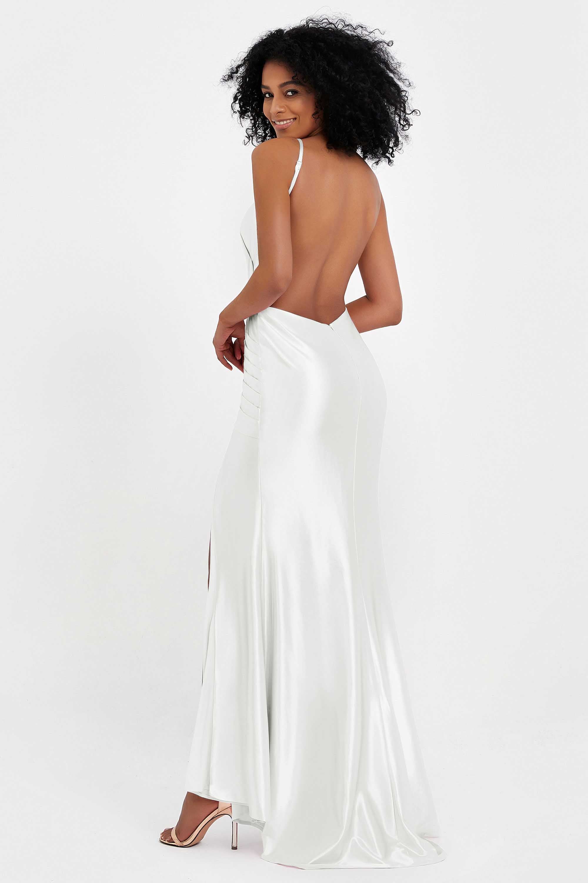 Elisabete | Vestido Maxi em Cetim Plissado com Abertura — Marfim
