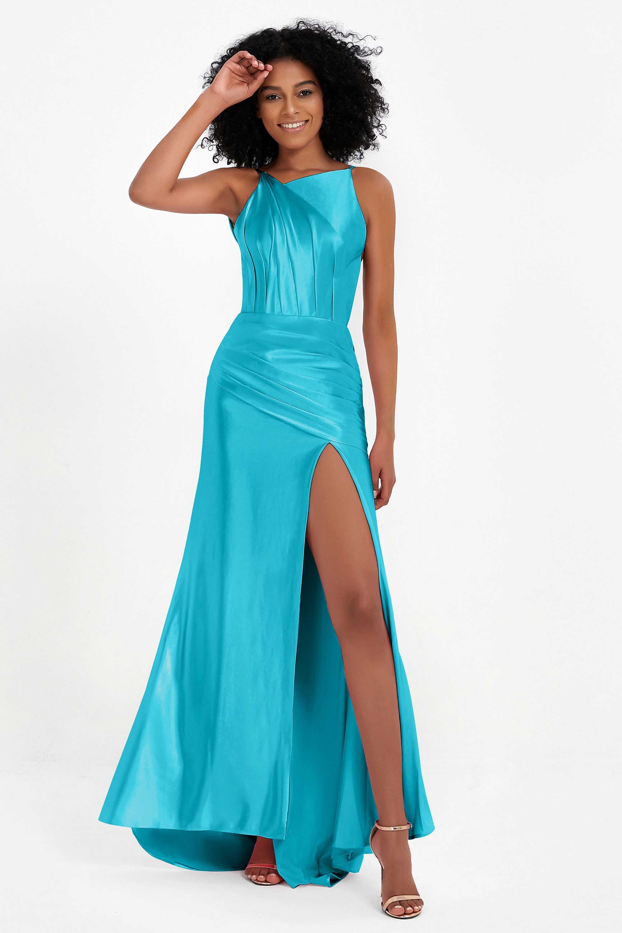 Elisabete | Vestido Maxi em Cetim Plissado com Abertura — Jade