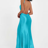 Elisabete | Vestido Maxi em Cetim Plissado com Abertura — Jade