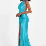Elisabete | Vestido Maxi em Cetim Plissado com Abertura — Jade