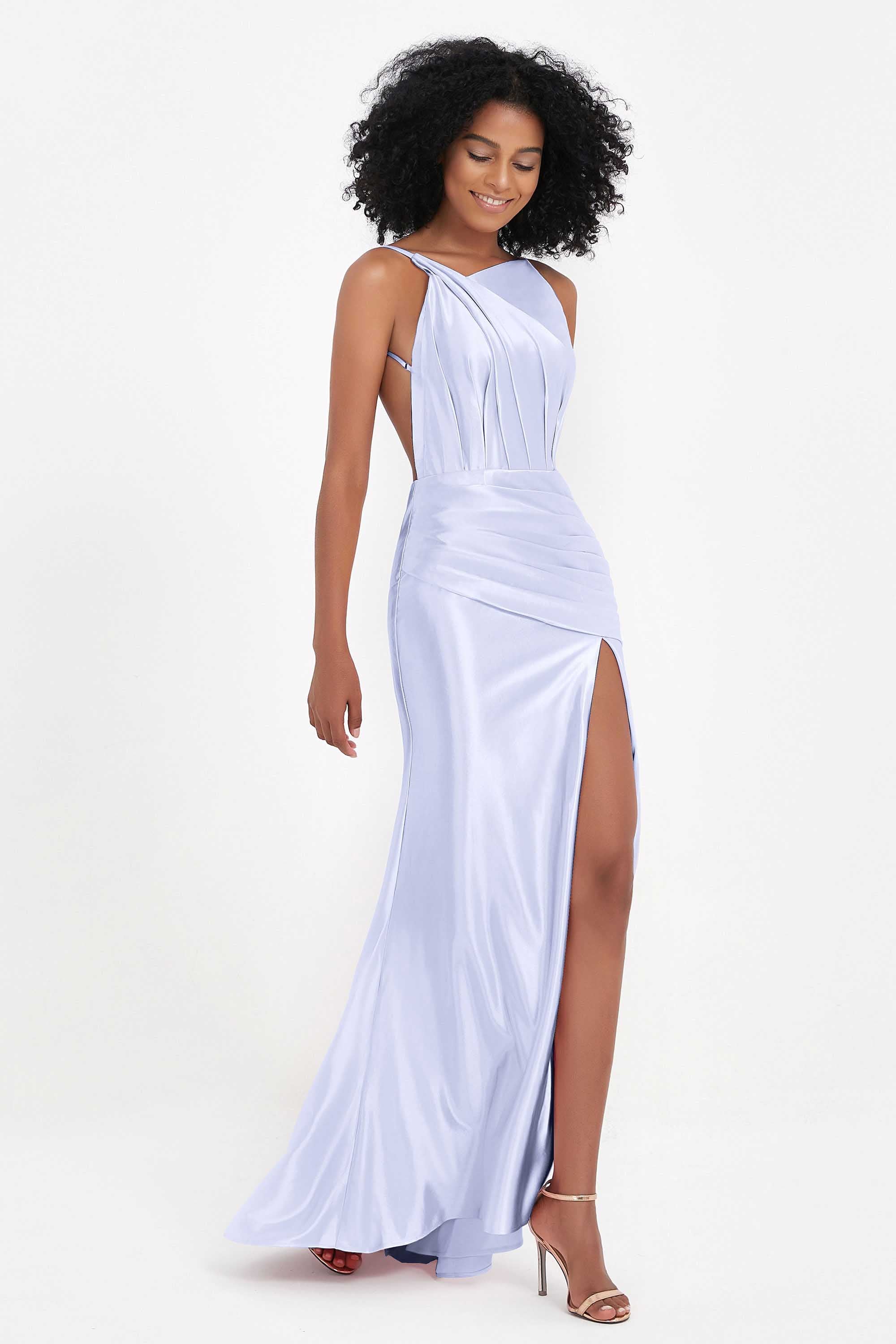 Elisabete | Vestido Maxi em Cetim Plissado com Abertura — Lavanda