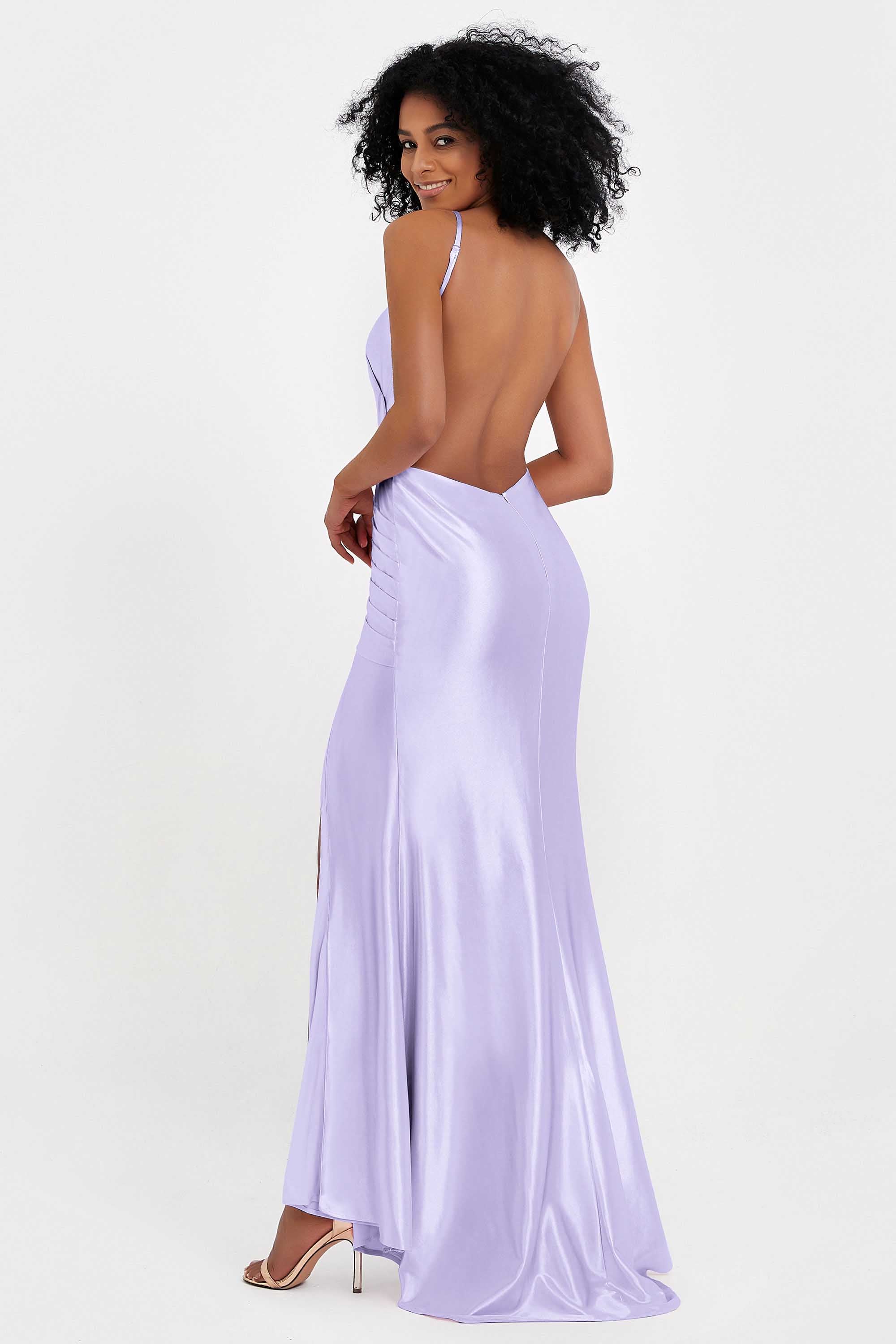 Elisabete | Vestido Maxi em Cetim Plissado com Abertura — Lilás