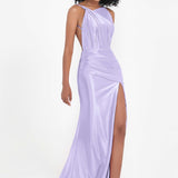 Elisabete | Vestido Maxi em Cetim Plissado com Abertura — Lilás