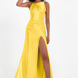 Elisabete | Vestido Maxi em Cetim Plissado com Abertura — Calêndula