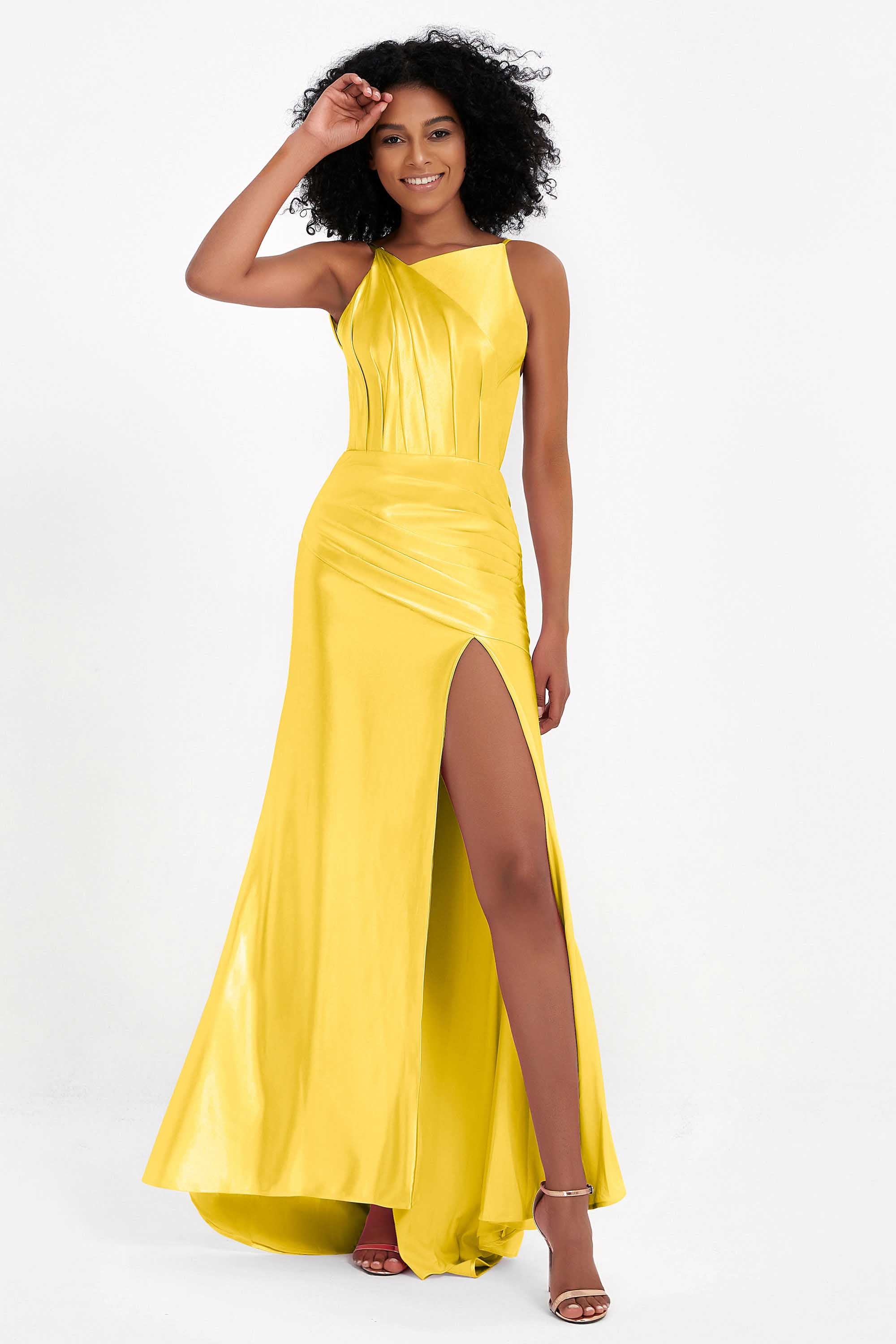 Elisabete | Vestido Maxi em Cetim Plissado com Abertura — Calêndula