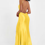 Elisabete | Vestido Maxi em Cetim Plissado com Abertura — Calêndula