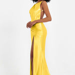 Elisabete | Vestido Maxi em Cetim Plissado com Abertura — Calêndula