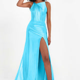 Elisabete | Vestido Maxi em Cetim Plissado com Abertura — Azul Piscina
