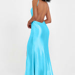 Elisabete | Vestido Maxi em Cetim Plissado com Abertura — Azul Piscina