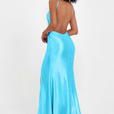 Elisabete | Vestido Maxi em Cetim Plissado com Abertura — Azul Piscina