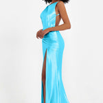 Elisabete | Vestido Maxi em Cetim Plissado com Abertura — Azul Piscina