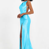 Elisabete | Vestido Maxi em Cetim Plissado com Abertura — Azul Piscina
