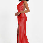 Elisabete | Vestido Maxi em Cetim Plissado com Abertura — Vermelho
