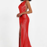 Elisabete | Vestido Maxi em Cetim Plissado com Abertura — Vermelho