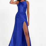 Elisabete | Vestido Maxi em Cetim Plissado com Abertura — Azul Rei