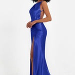 Elisabete | Vestido Maxi em Cetim Plissado com Abertura — Azul Rei